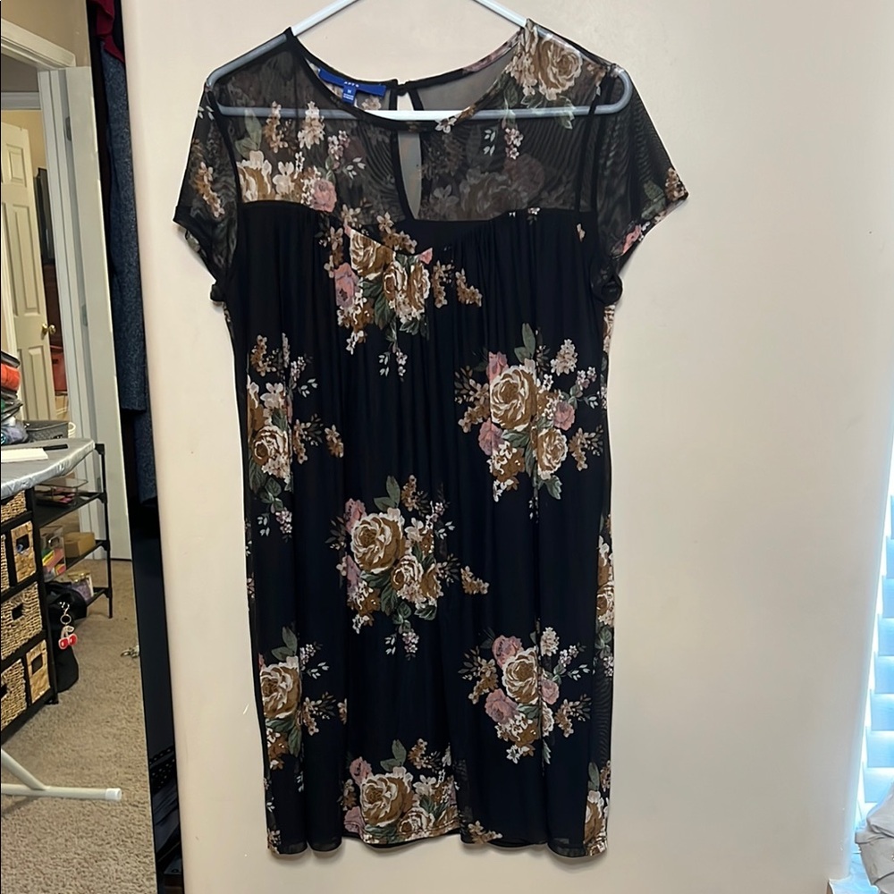 Black and Pink Floral Yoke Dress, Size M